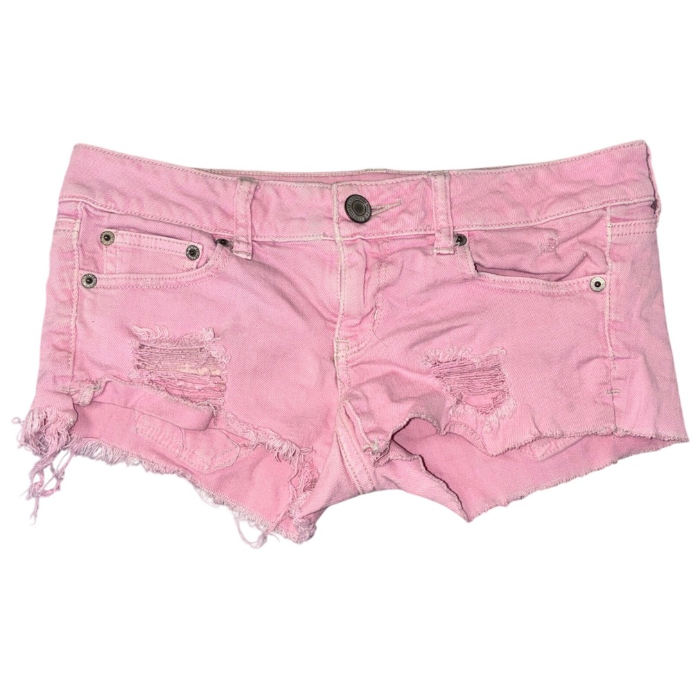 377 American Eagle Micro Mini Denim Shorts 4 Pink Stretch Raw Hem Low Rise Booty